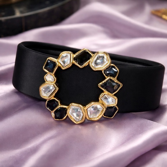 Daniel Swarovski Accessories - Black Gem-Embellished Women's Belt with Gold Ring Accent